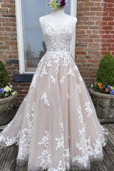 Prom Dresses Boho, V Neck Backless Champagne Lace Appliques Long Prom Dress, Champagne Lace Formal Evening Dress