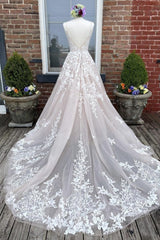 Prom Dress Shops Nearby, V Neck Backless Champagne Lace Appliques Long Prom Dress, Champagne Lace Formal Evening Dress