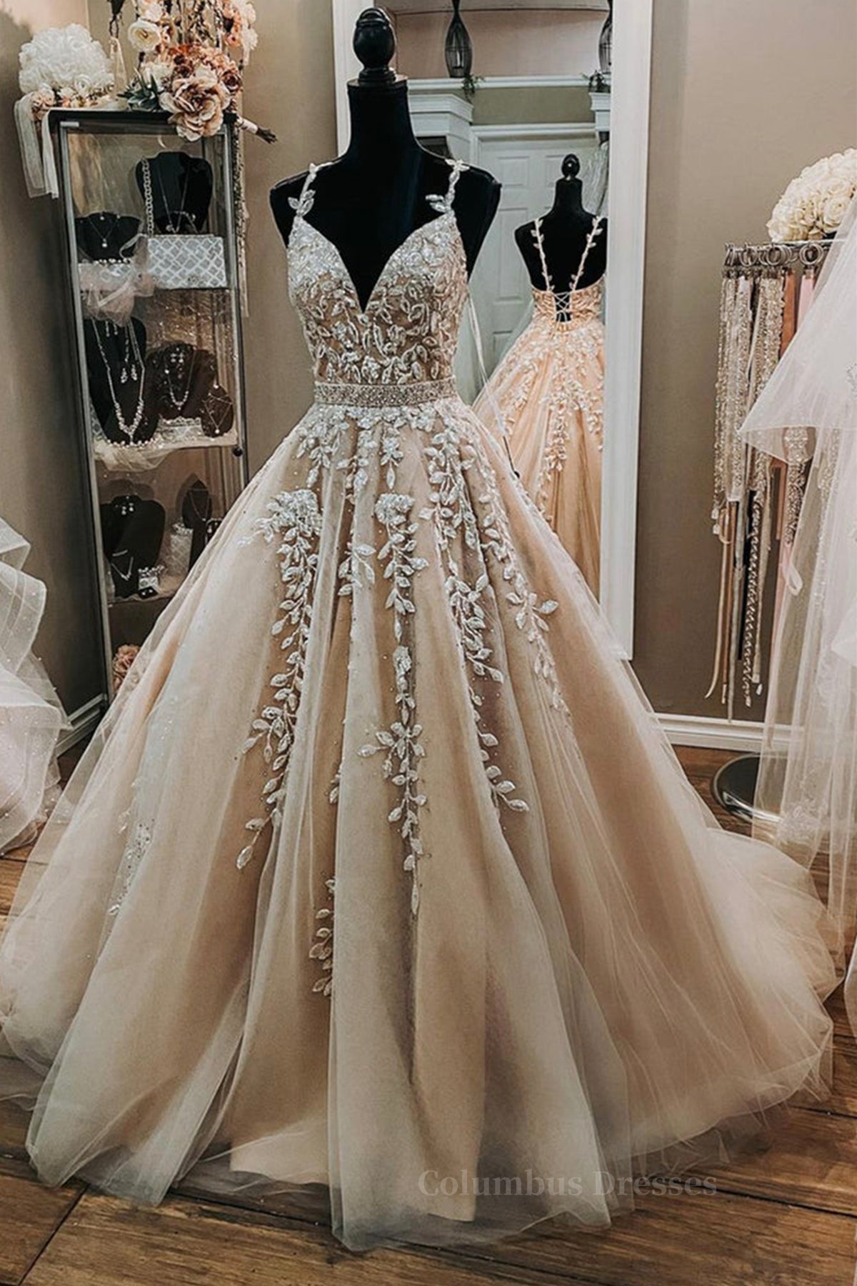 Homecoming Dress Styles, V Neck Backless Champagne Tulle Lace Long Prom Dresses, Champagne Lace Formal Evening Dresses, Champagne Ball Gown