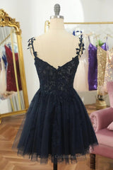 Party Dresses Night Out, V Neck Beaded Navy Blue Lace Prom Dress, Navy Blue Lace Homecoming Dress, Short Navy Blue Formal Graduation Evening Dress