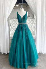 Prom Dress Long Beautiful, V Neck Dark Green Lace Prom Dresses, Dark Green Lace Formal Evening Dresses