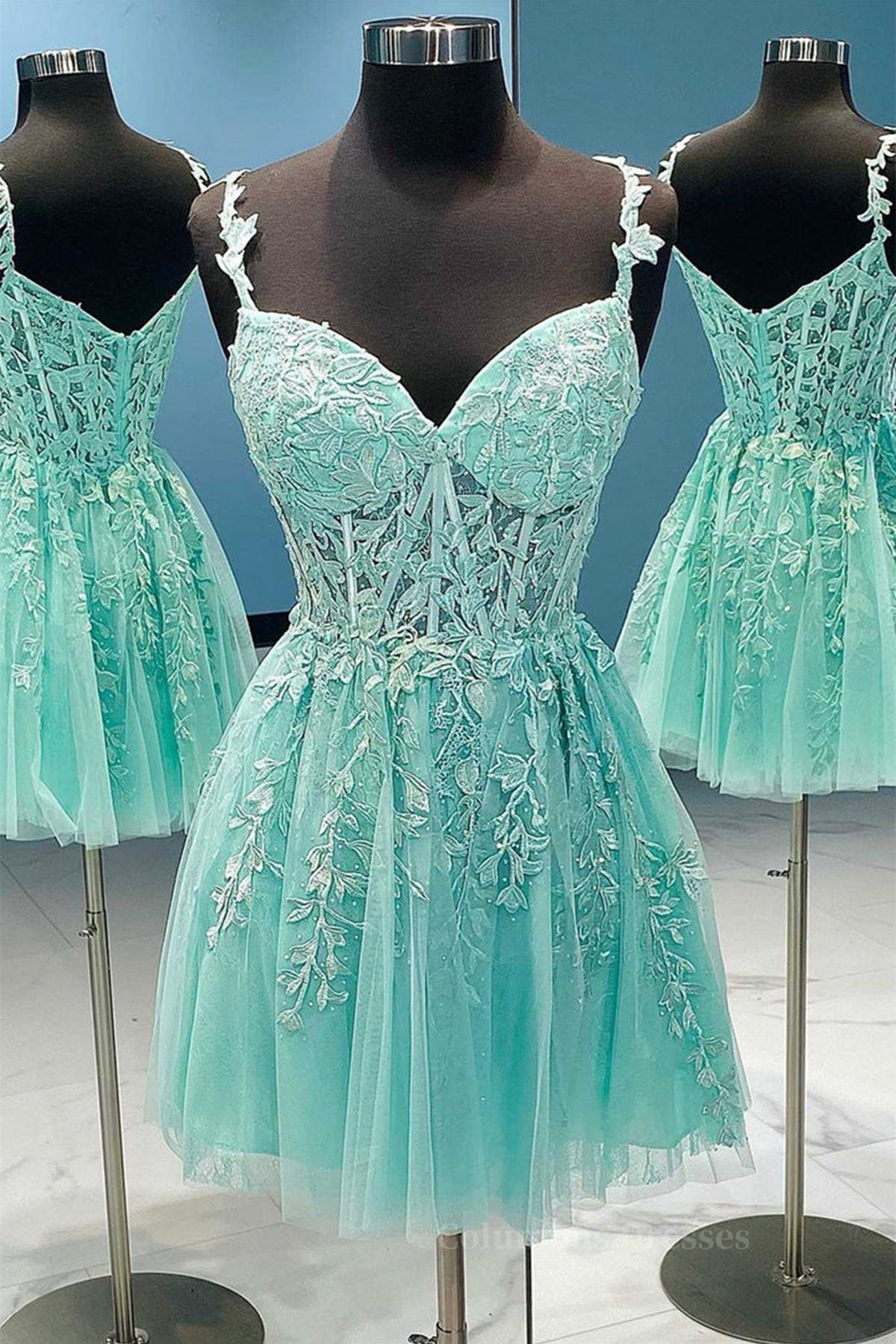 Wedding Color Schemes, V Neck Mint Green Lace Short Prom Dress, Mint Green Lace Homecoming Dress, Mint Green Formal Evening Dress