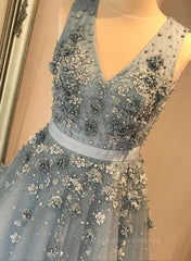 Sweater Dress, V Neck Open Back Beaded Blue Long Prom Dress with 3D Flowers, Open Back Blue Formal Graduation Evening Dress