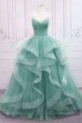 Prom Dress Long Sleeved, V Neck Open Back Fluffy Green Tulle Long Prom Dresses, Green Formal Evening Dresses, Ball Gown