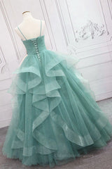 Prom Dress Long Sleeve, V Neck Open Back Fluffy Green Tulle Long Prom Dresses, Green Formal Evening Dresses, Ball Gown