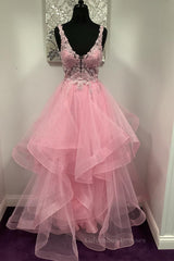 Homecomeing Dresses Blue, V Neck Open Back Pink Lace Puffy Tulle Long Prom Dresses, Pink Lace Formal Dresses, Pink Evening Dresses