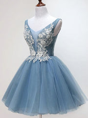 Party Dress Bling, V Neck Short Blue Lace Prom Dresses, Short Blue Lace Graduation Homecoming Dresses