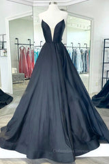 Homecoming Dresses Bodycon, V Neck Strapless Black Satin Long Prom Dresses, Strapless Black Formal Dresses, Long Black Evening Dresses