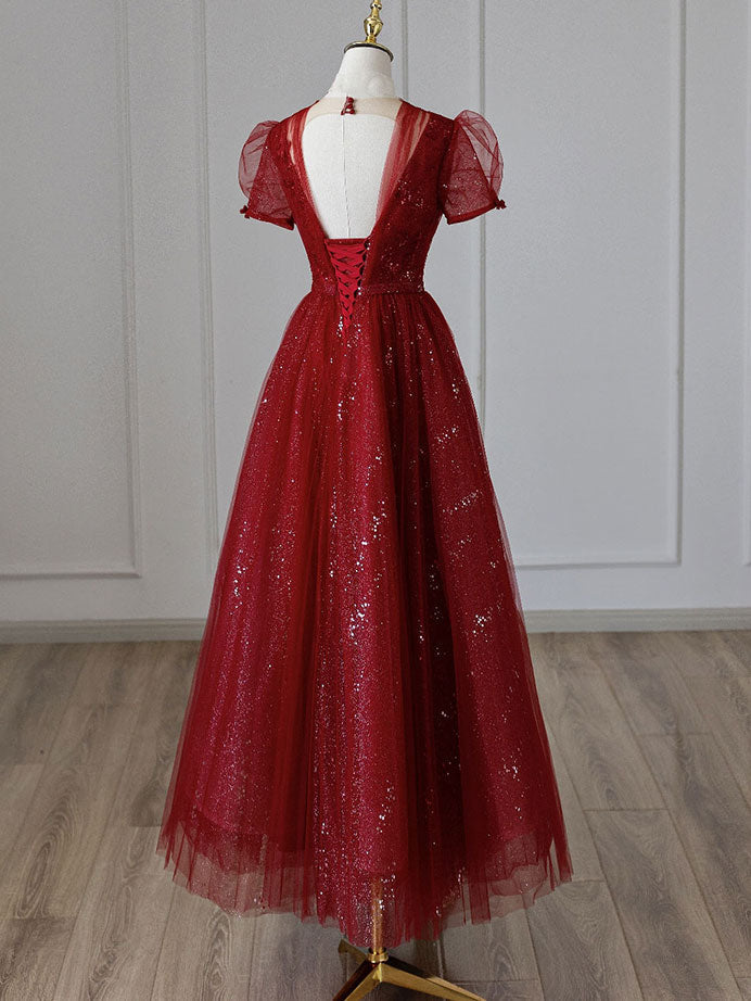 Party Dresses Jumpsuits, V Neck Tulle Sequin Tea Length Burgundy Prom Dress, Burgundy Evening Dress