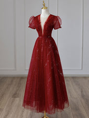 Party Dresses For 17 Year Olds, V Neck Tulle Sequin Tea Length Burgundy Prom Dress, Burgundy Evening Dress