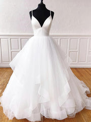 Wedding Dresses Near Me, V Neck White Tulle Wedding Dresses, V Neck White Formal Prom Evening Dresses