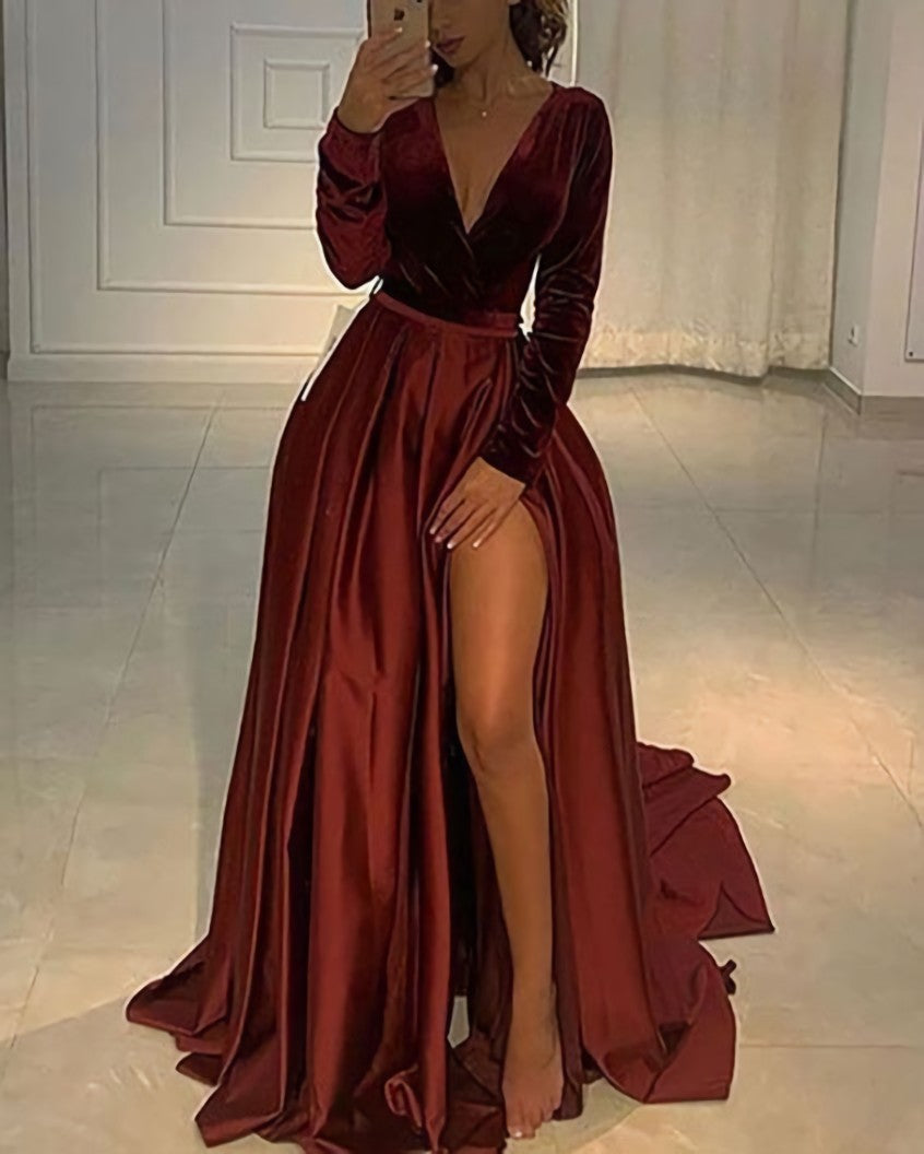 Party Fitness, V Neckline Velvet Bodice Burgundy Prom Dress Sexy Leg Slit