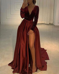 Party Fitness, V Neckline Velvet Bodice Burgundy Prom Dress Sexy Leg Slit