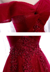 Sun Dress, Burgundy Lace Long Prom Dresses, A-Line Off the Shoulder Evening Dresses