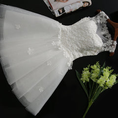 Prom Dresses Blues, White Tulle Lace Round Neckline Knee Length Graduation Dresses, White Short Prom Dresses Party Dresses