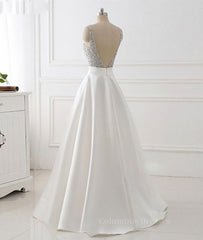 Party Dresses Outfits Ideas, White v neck beads sequin long prom dress, white evening dress