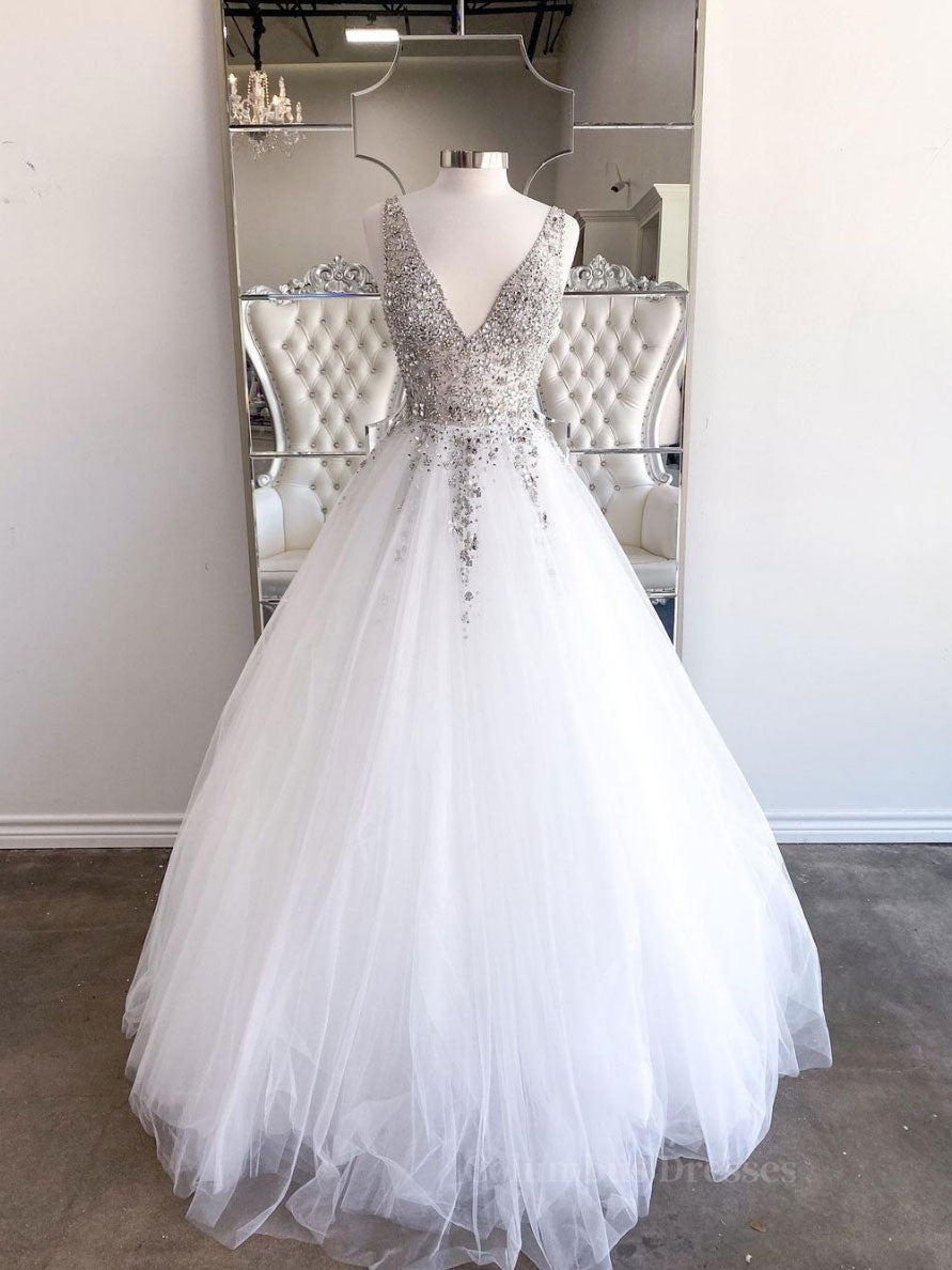 Homecoming Dress With Sleeves, White v neck tulle beads sequin long prom dress white evening dress