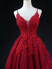 Prom Dresses Suits Ideas, Wine Red Lace Applique Straps V-neckline Party Dress, Floor Length Wine Red Prom Dress