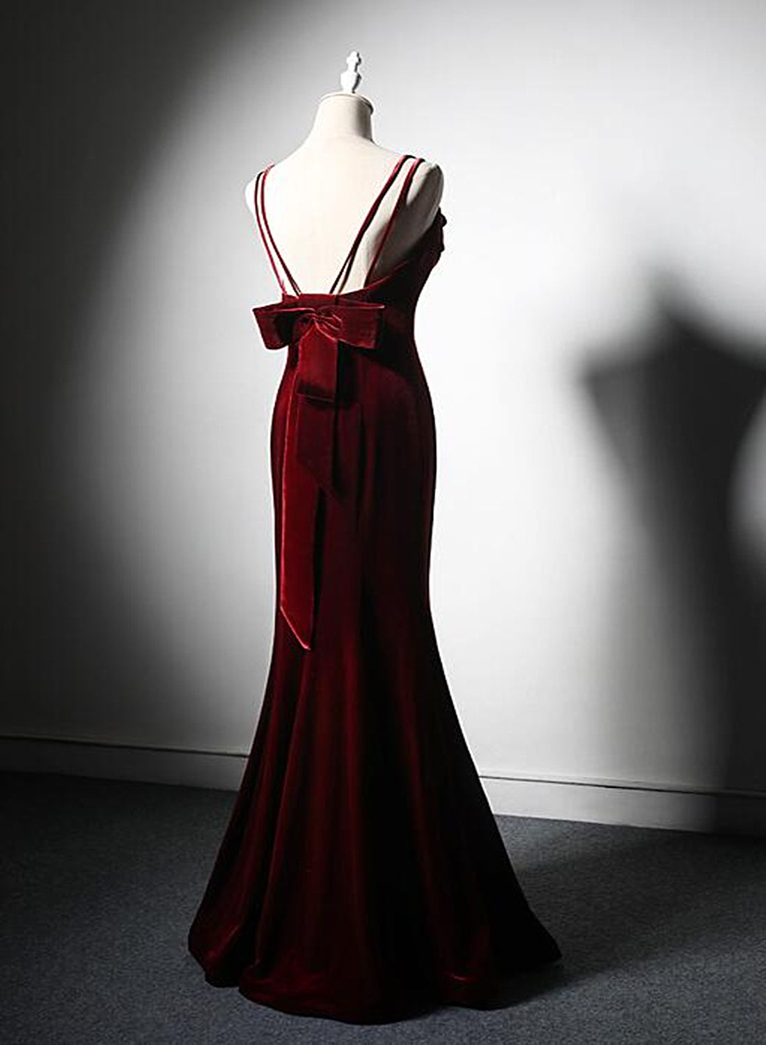 Party Dress Designer, Wine Red Low Back Mermaid Formal Dress, Velvet Straps Long Prom Dress