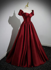 Prom Dresses With Short, Wine Red Satin Long Party Dress, Off Shoulder Sweetheart Floor Length Prom Dress