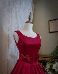 Wedding Dresses Beach, Wine Red Satin Tea Length Party Dress with Bow, Wine Red Wedding Party Dress