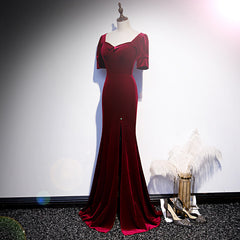 Evening Dress Shops Near Me, Wine Red Velvet Mermaid Long Evening Party Dresses, Dark Red Velvet Formal Dresses