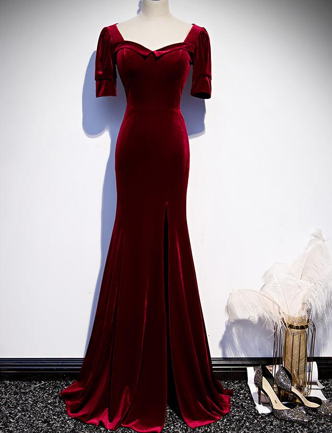 Evening Dresses Wedding, Wine Red Velvet Mermaid Long Evening Party Dresses, Dark Red Velvet Formal Dresses