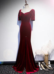 Evening Dresses Stores, Wine Red Velvet Mermaid Long Evening Party Dresses, Dark Red Velvet Formal Dresses