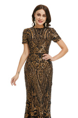 Blue Dress, Short Sleeves Sequins A-Line Formal Evening Dress