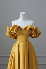 Bridesmaids Dresses Ideas, Yellow Satin Long Prom Dress, Simple Off Shoulder Evening Party Dress