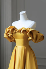 Bridesmaids Dresses Idea, Yellow Satin Long Prom Dress, Simple Off Shoulder Evening Party Dress