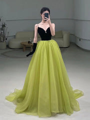 Homecoming Dresses Black, Black Velvet and Green Tulle Long Prom Dress, Green V-Neck Evening Dress