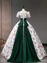 Prom Dresses Open Back, Beautiful Cherry Pattern Long Princess Prom Dress, White A-Line Short Sleeve Evening Party Dress