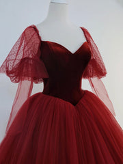 Party Dresses Designer, Burgundy Velvet and Tulle Floor Length Formal Dress, A-Line Long Sleeve Tulle Evening Party Dress